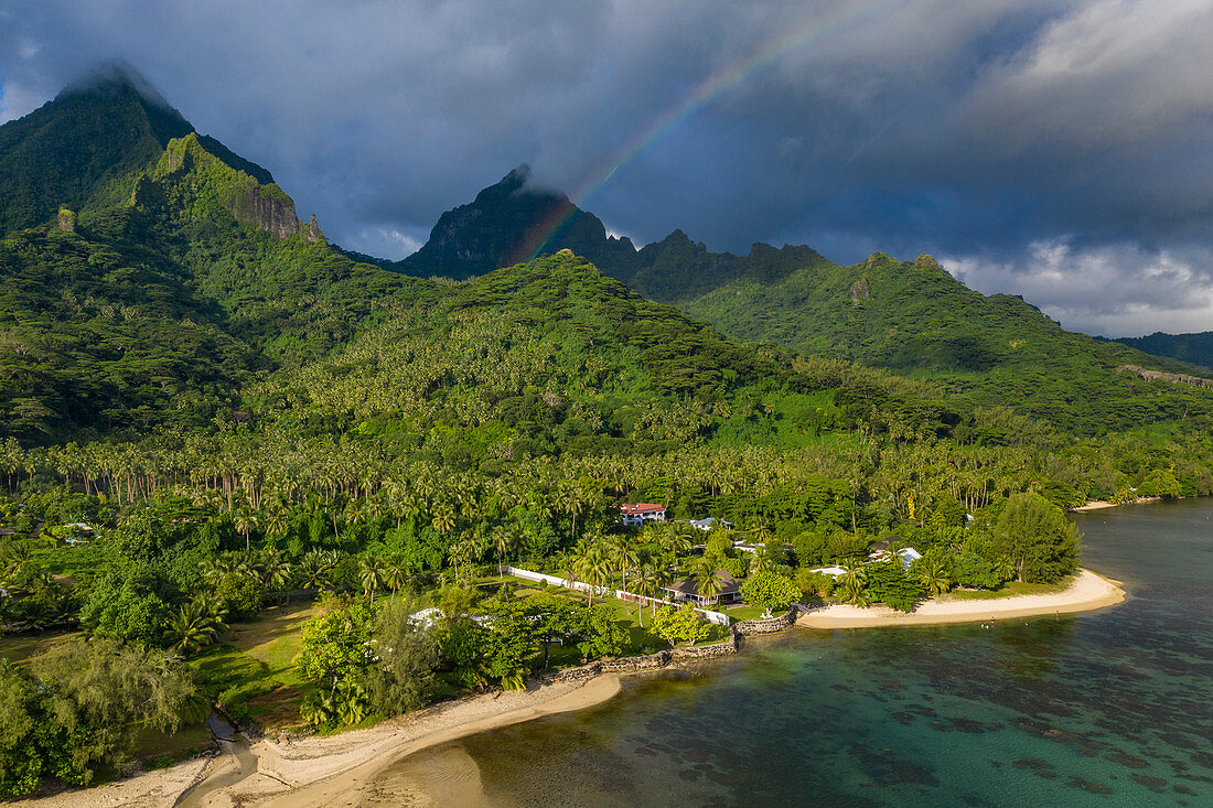 Luftaufnahme von üppiger Vegetation mit Regenbogen und Bergen in der Ferne, Teniutaoto, Moorea, Windward Islands, Französisch-Polynesien, Südpazifik