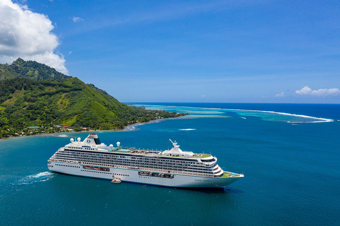 Luftaufnahme von Kreuzfahrtschiff in der Opunohu Bay, Moorea, Windward Islands, Französisch-Polynesien, Südpazifik