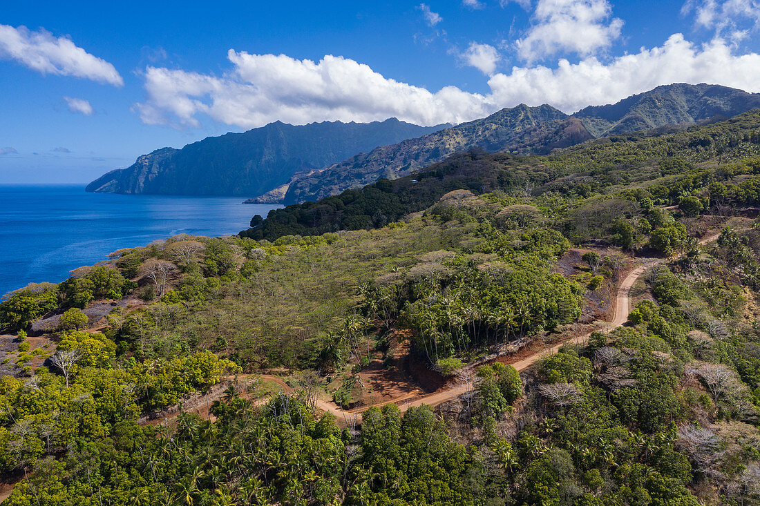 Aerial view of dirt road on hillside with mountains and coast behind, Omoa, Fatu Hiva, Marquesas Islands, French Polynesia, South Pacific