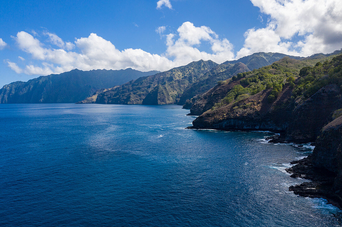 Aerial view of coast, Omoa, Fatu Hiva, Marquesas Islands, French Polynesia, South Pacific