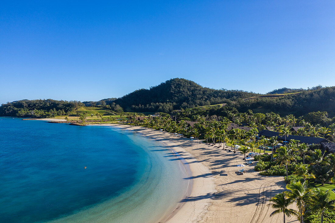 Aerial view of beach with coconut trees at Six Senses Fiji Resort, Malolo Island, Mamanuca Group, Fiji Islands, South Pacific