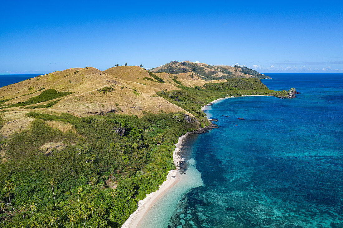 Luftaufnahme von Strand und Küste, Yaqeta, Yangetta Island, Yasawa Group, Fidschi-Inseln, Südpazifik