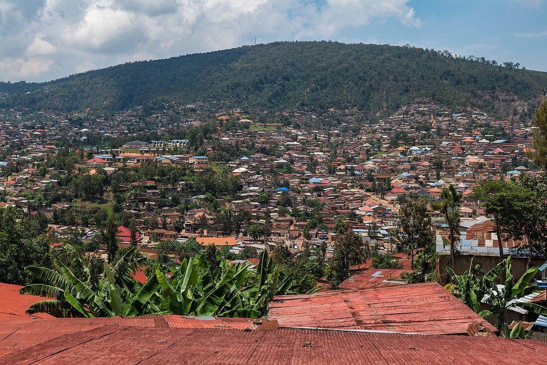 View over rooftops and houses on hillside, Kigali, Kigali Province, Rwanda, Africa