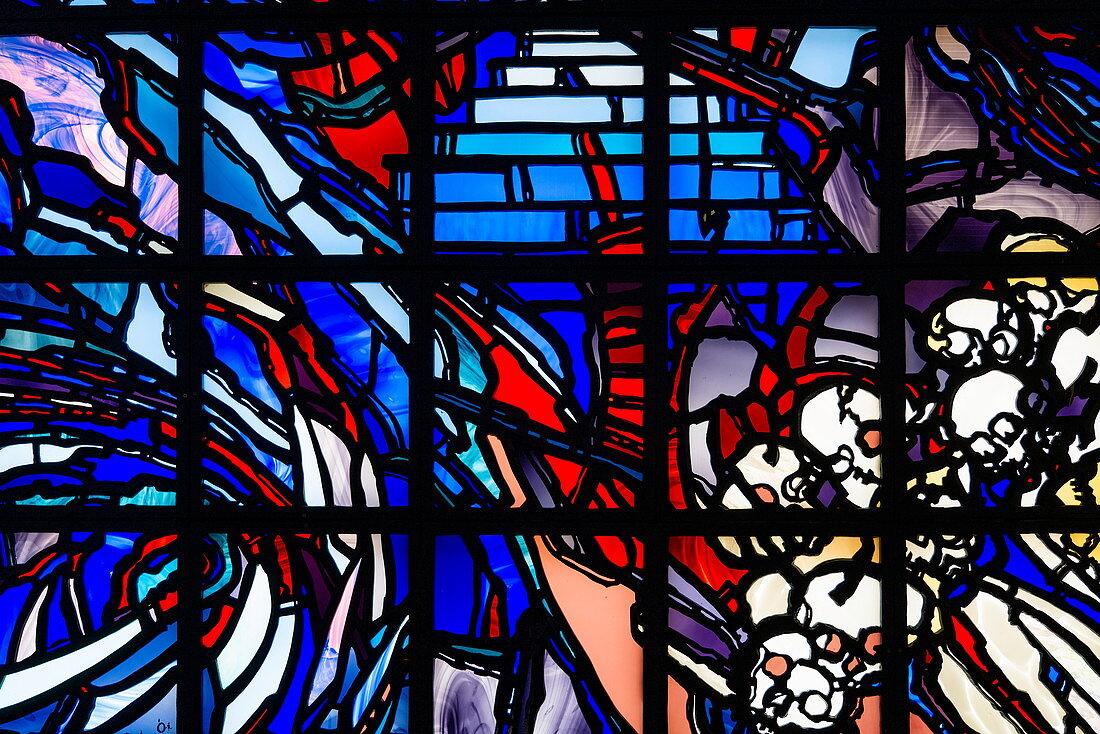 Stained glass window with ornate motif in the Kigali Genocide Memorial Center, Kigali, Kigali Province, Rwanda, Africa