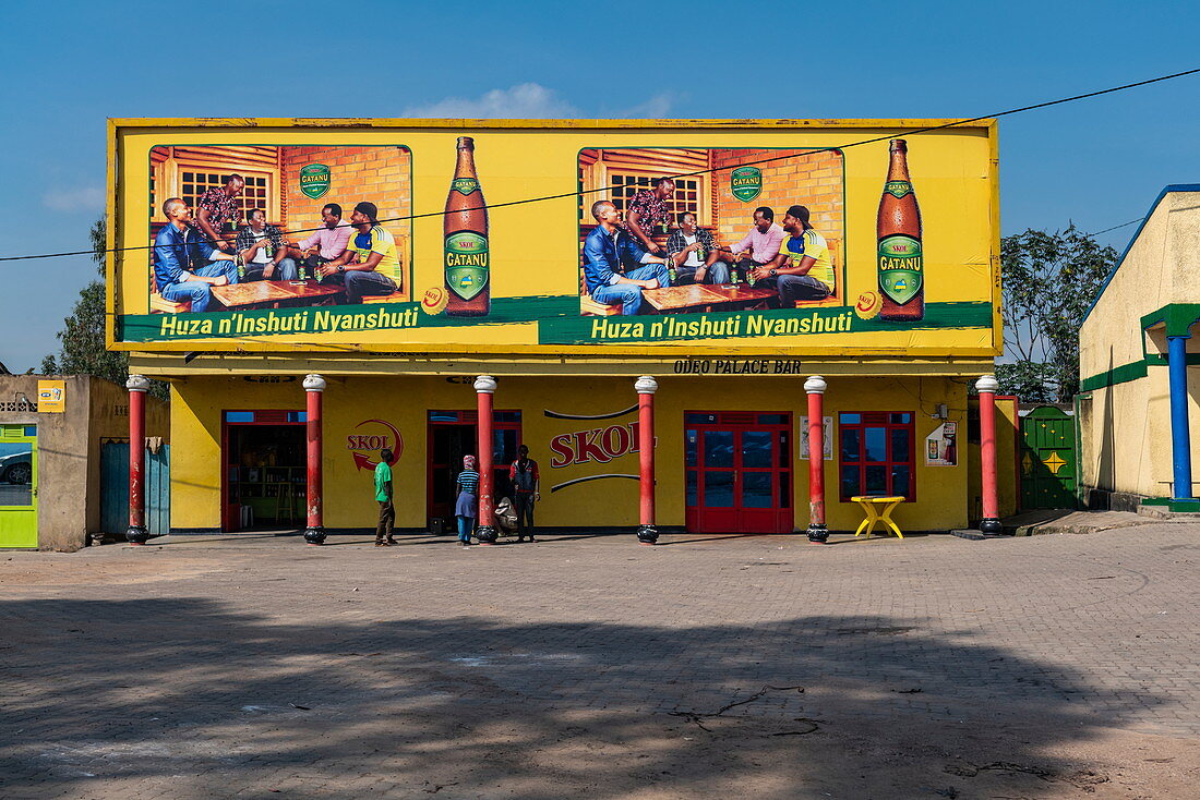 Colorful exterior view of the Odeo Palace Bar, Nyamabuye, Southern Province, Rwanda, Africa