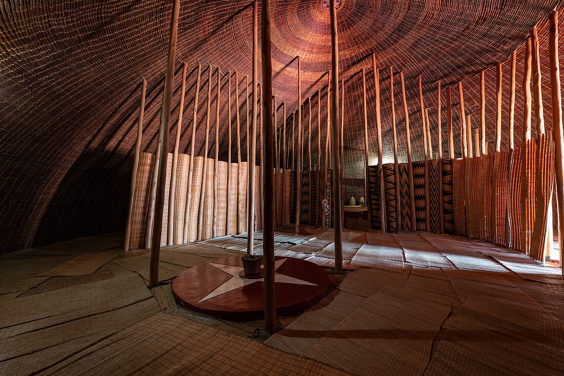 Interior view of the replica of the traditional royal hut at the Royal Palace Museum of King Mutara III Rudahigwa 1931, Nyanza, Southern Province, Rwanda, Africa