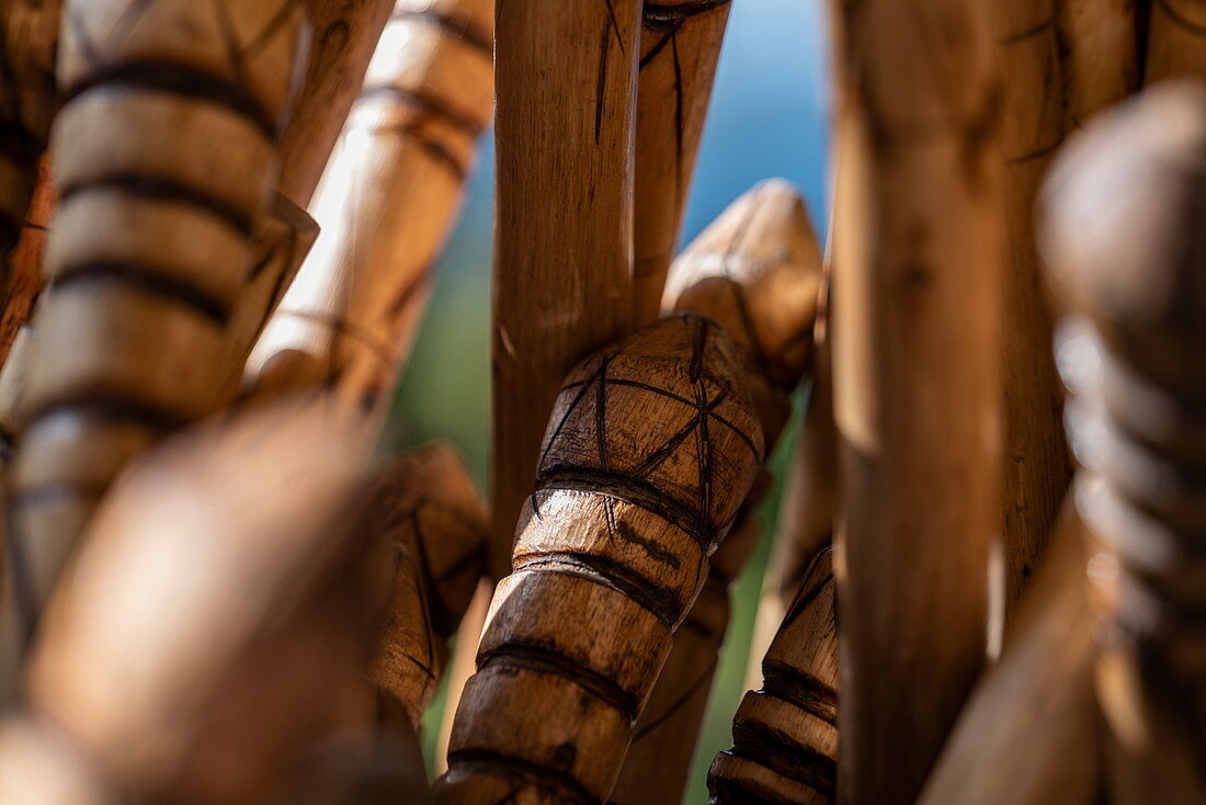 Detail of walking sticks in preparation for a hike through the jungle to the Canopy Walkway, Nyungwe Forest National Park, Western Province, Rwanda, Africa