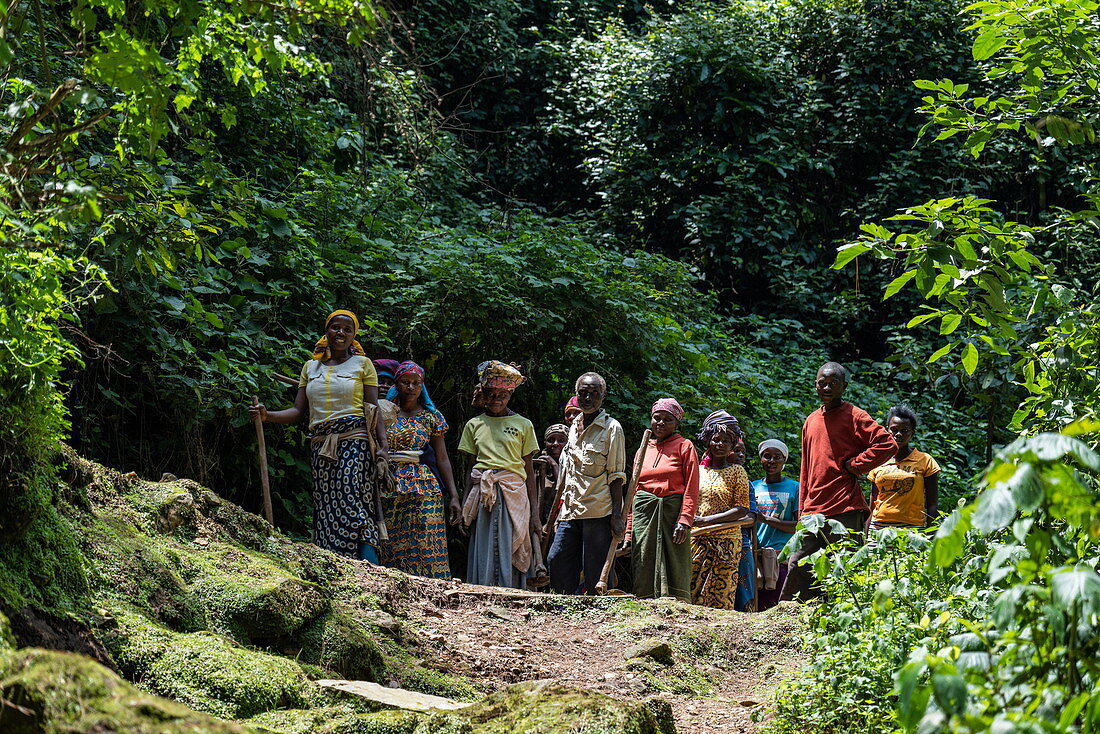 Gruppe von Frauen in bunter Kleidung auf Pfad im Cyamudongo Forest, Nyungwe Forest National Park, Western Province, Ruanda, Afrika