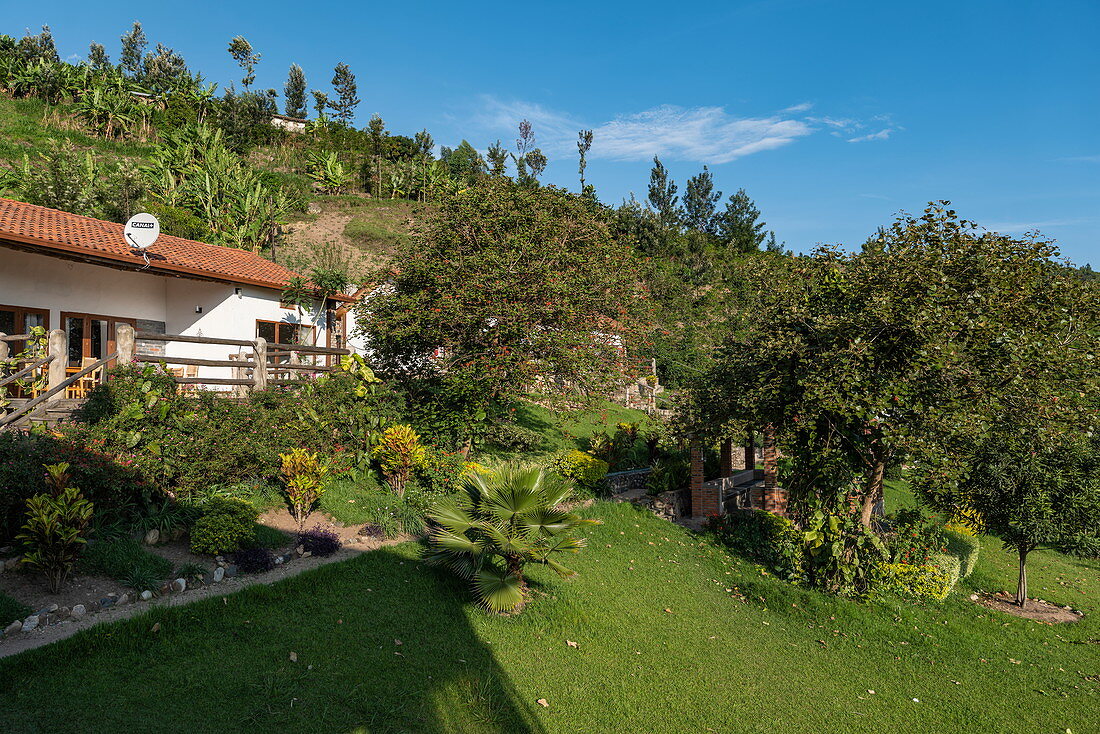 Gardens and rooms of the Rushel Lodge on the banks of Lake Kivu, Kinunu, Western Province, Rwanda, Africa