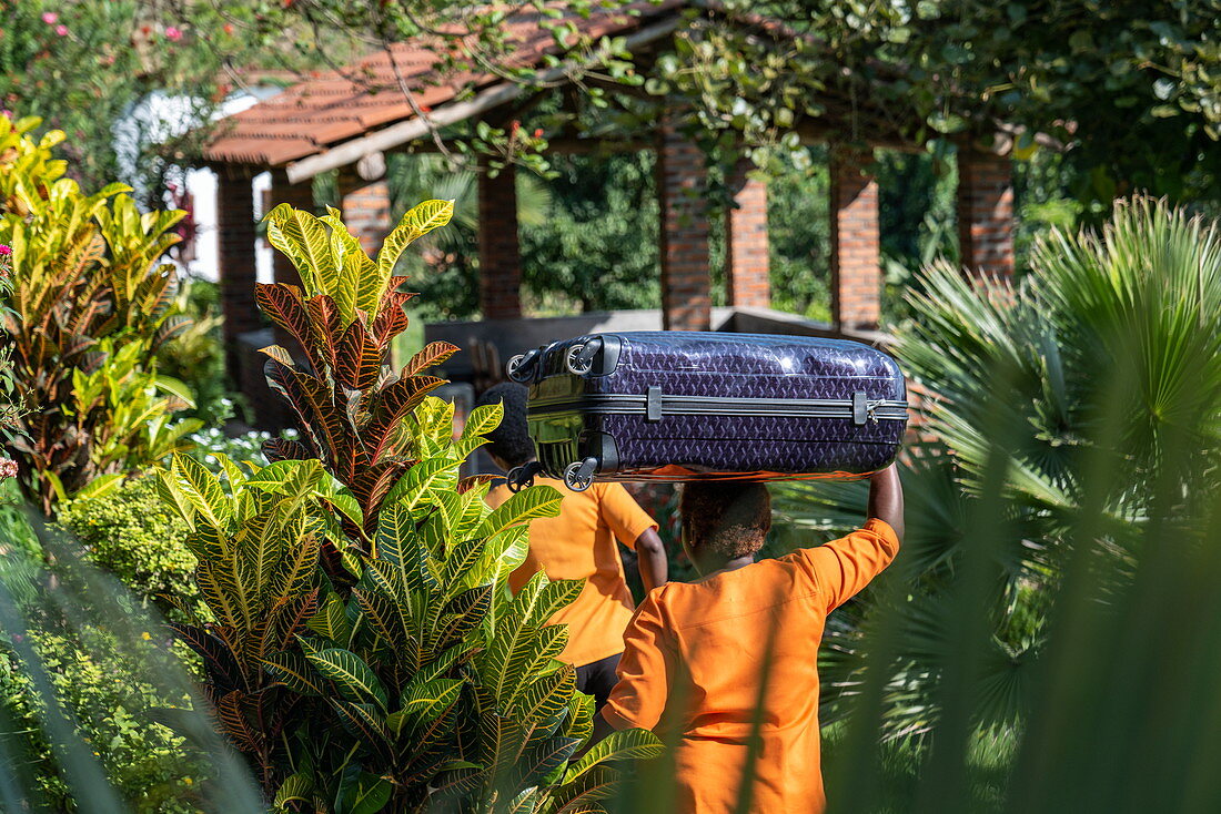 Hotelpersonal trägt Koffer von Gästen auf ihren Köpfen in der Rushel Lodge am Ufer des Kivu Sees, Kinunu, Western Province, Ruanda, Afrika