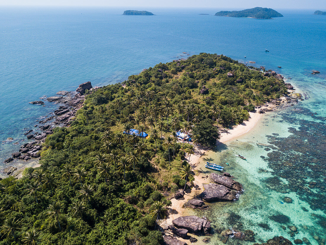 Aerial view of beach with coconut trees, Dam Ngang Island, near Phu Quoc Island, Kien Giang, Vietnam, Asia