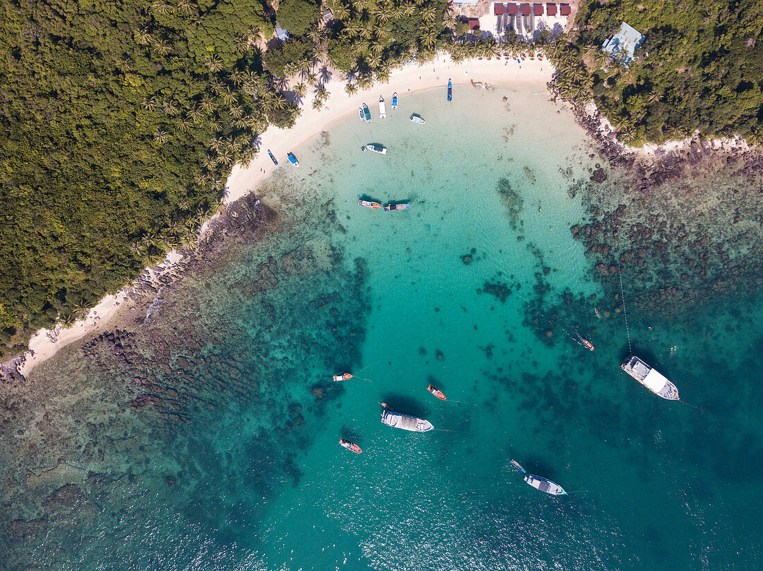 Luftaufnahme von Fischerbooten vor Anker in Bucht und Strand mit Kokospalmen, May Rut Island, nahe Insel Phu Quoc, Kien Giang, Vietnam, Asien