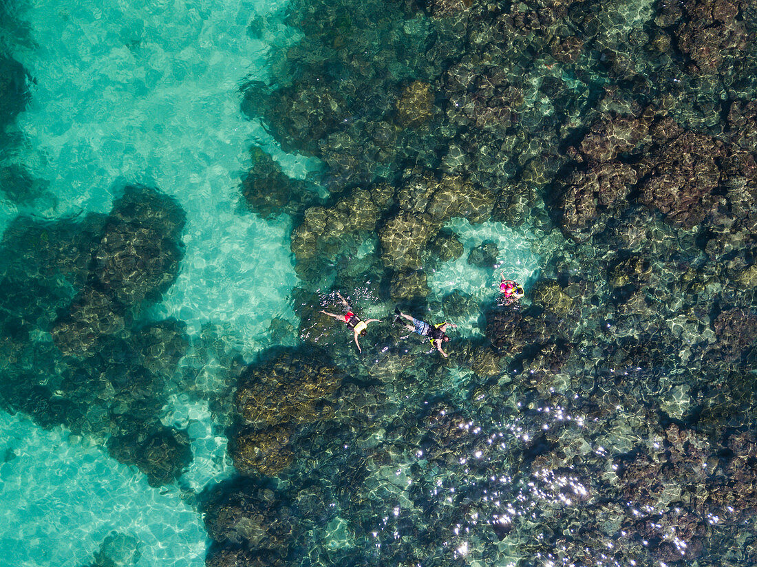 Aerial view of people snorkeling in clear water, Dam Ngang Island, near Phu Quoc Island, Kien Giang, Vietnam, Asia