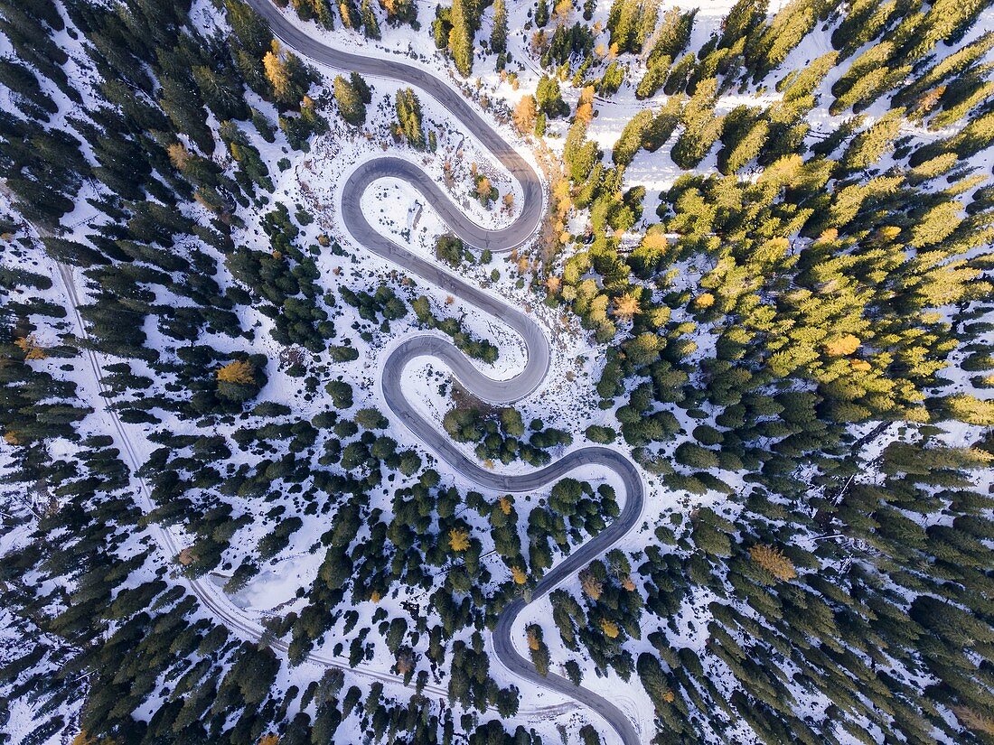 Alpine road of Giaupass aerial view in Dolomites, Unesco World Heritage site, Cortina d'Ampezzo, Veneto district, Italy, Europe.