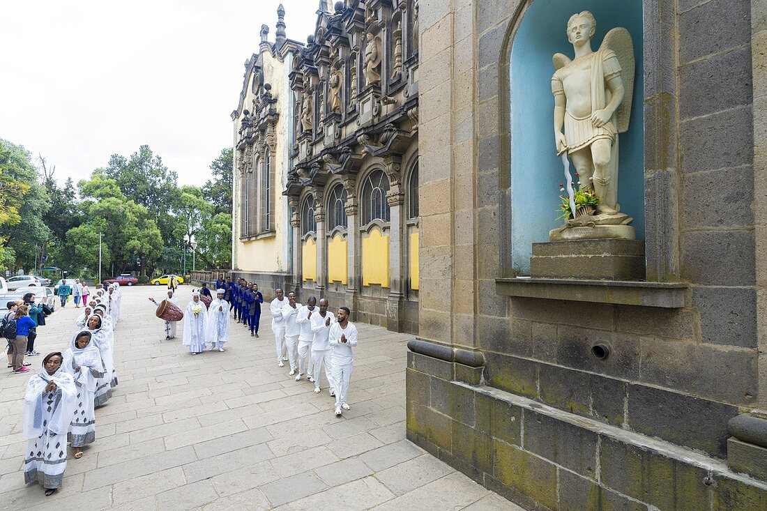 People during a religious service outside Holy Trinity Cathedral, Addis Ababa, Ethiopia, Africa