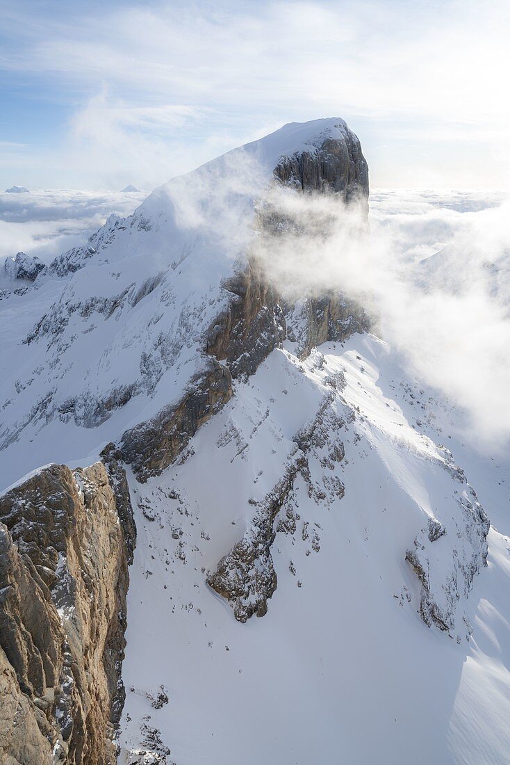 Aerial view of snow capped Punta Penia, west ridge and Forcella Marmolada, Dolomites, Trentino-Alto Adige, Italy