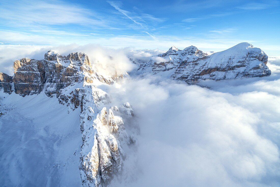 Aerial view of Gran Lagazuoi, Fanis Spitze and Tofane during winter, Dolomites, Belluno province, Veneto, Italy