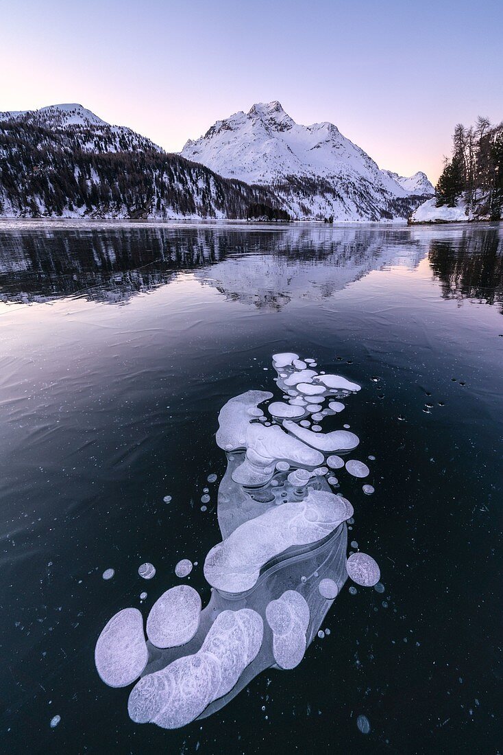 See Sils bedeckt von Eisblasen mit Piz Da La Margna im Hintergrund bei Sonnenaufgang, Kanton Graubunden, Engadin, Schweiz