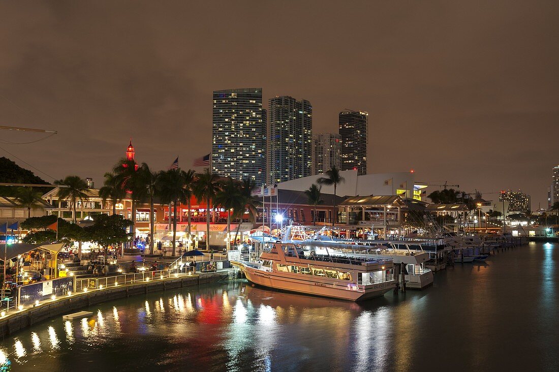 Bayside Marina at night, Downtown, Miami, Florida, USA.
