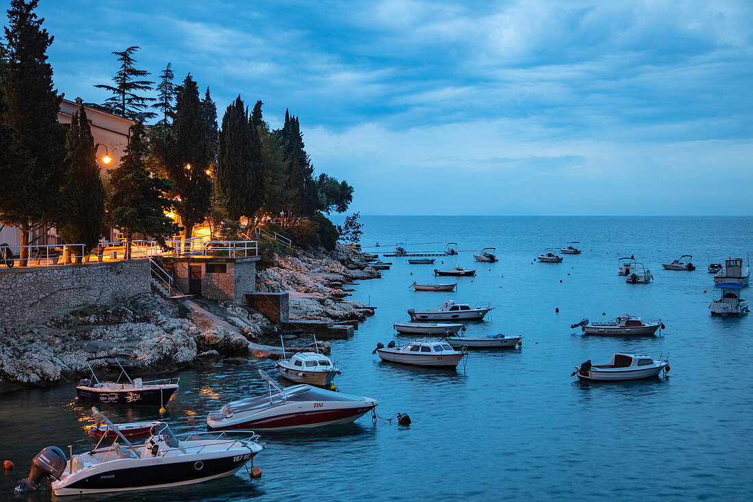 Small fishing and pleasure boats moored near the coast, Rabac, Istria, Croatia, Europe