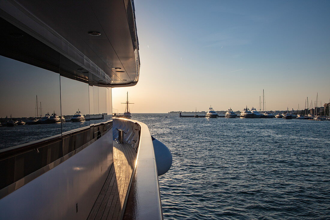 Reflection in window of cruise ship with view of yachts in marina, Zadar, Zadar, Croatia, Europe