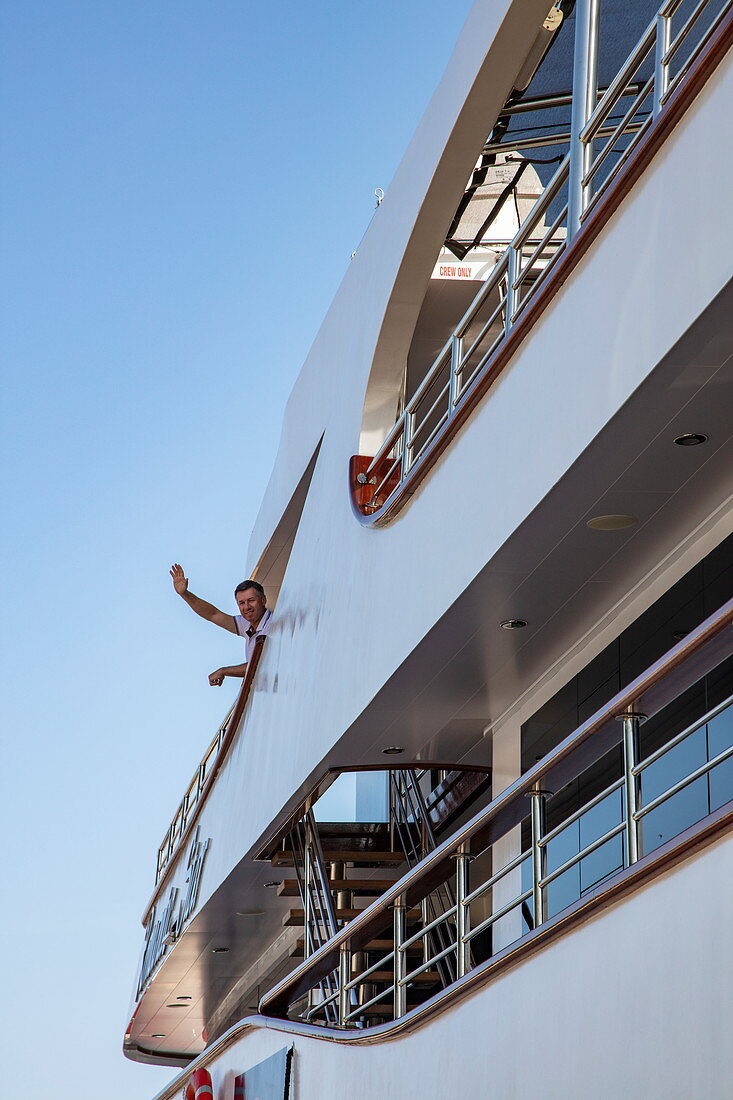 Captain Jurica Rakuljic waves from the bridge of the cruise ship MS Romantic Star (Travel Agency Mittelthurgau), Zadar, Zadar, Croatia, Europe