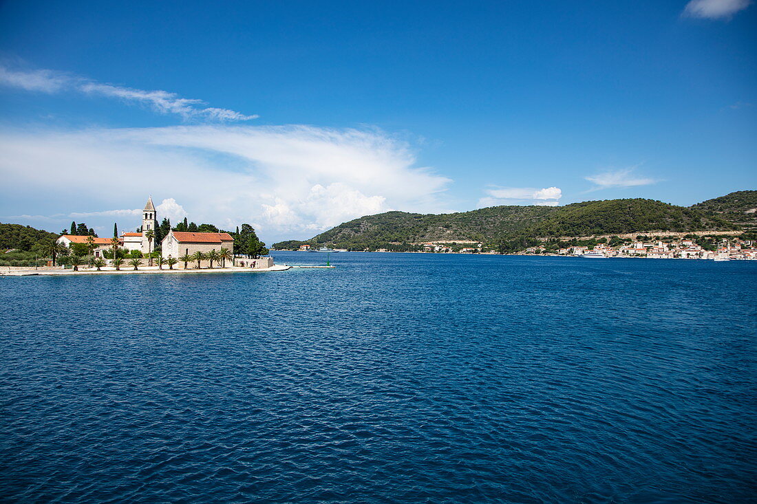 Church on peninsula and coast, Vis, Vis, Split-Dalmatia, Croatia, Europe