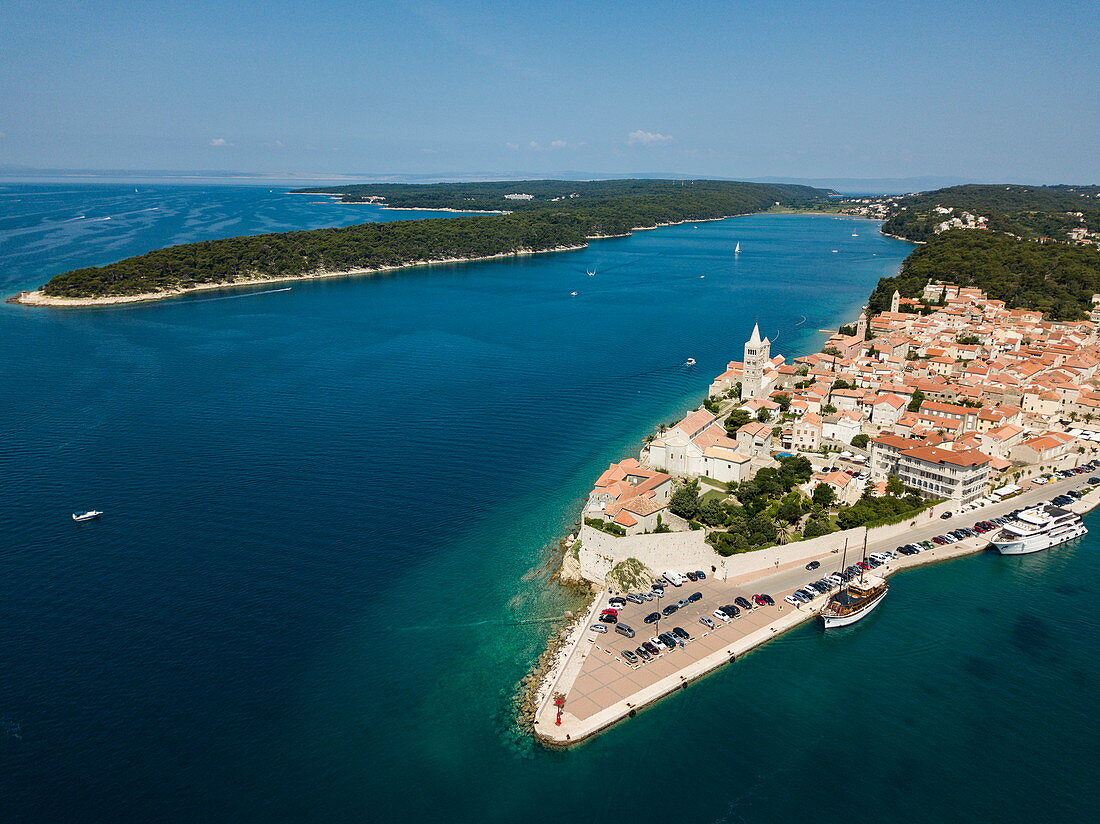 Aerial view of the cruise ship which is moored next to the old town, Rab, Primorje-Gorski Kotar, Croatia, Europe