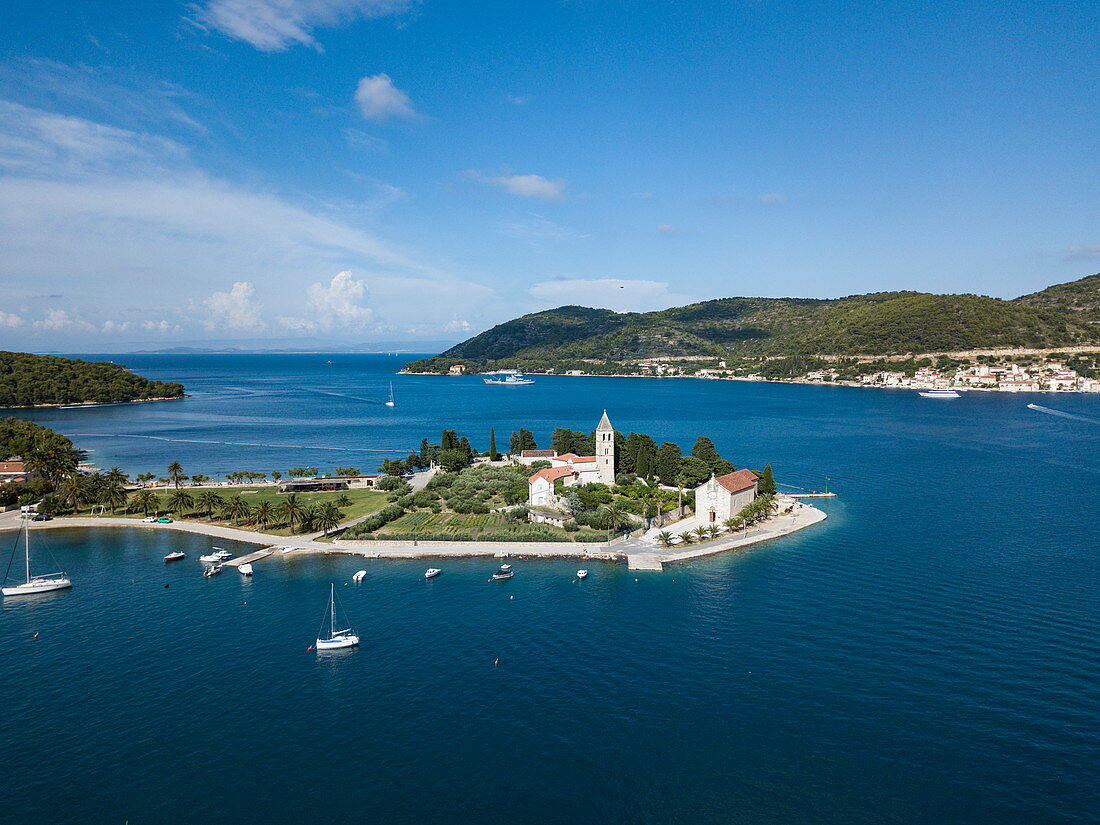 Aerial view of church on peninsula, Vis, Vis, Split-Dalmatia, Croatia, Europe