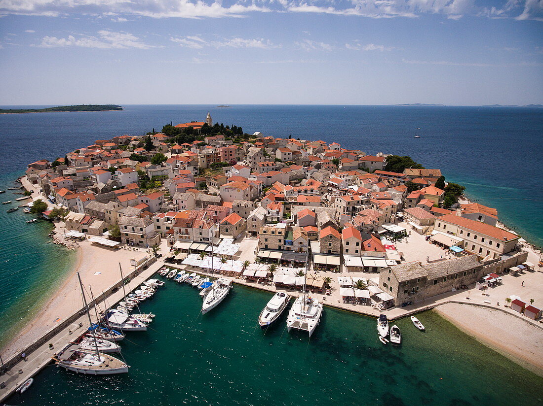 Aerial view of sailing boats in port and town, Primosten, Šibenik-Knin, Croatia, Europe