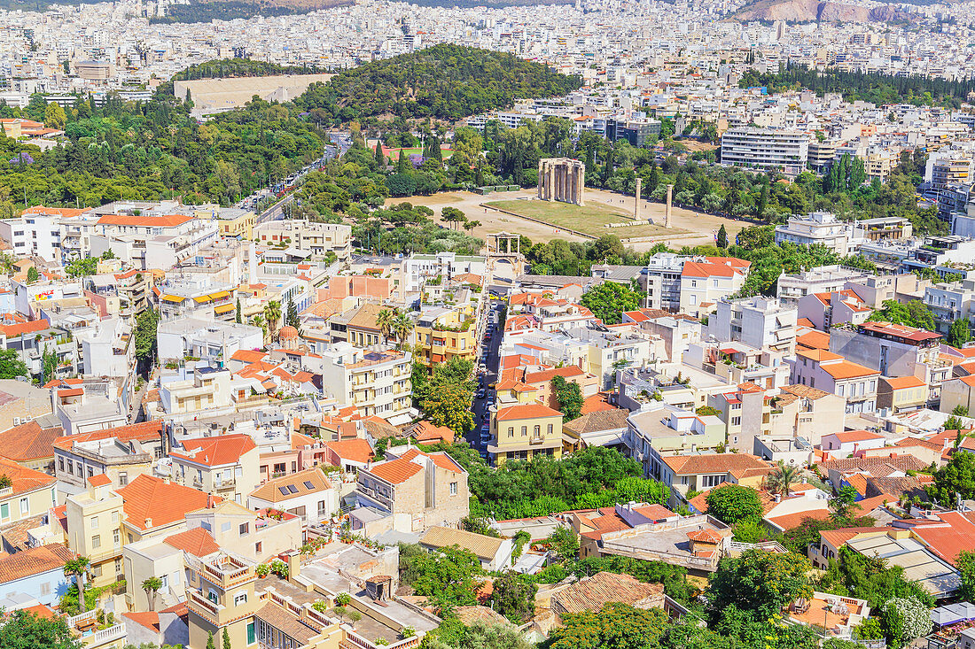 High angle view Temple of Olympian Zeus, Hadrian's Arch and athens city centre, Athens, Greece, Europe,