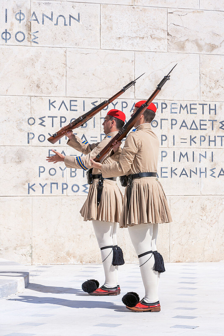 Evzone soldiers performing change of guard, Athens, Greece, Europe,