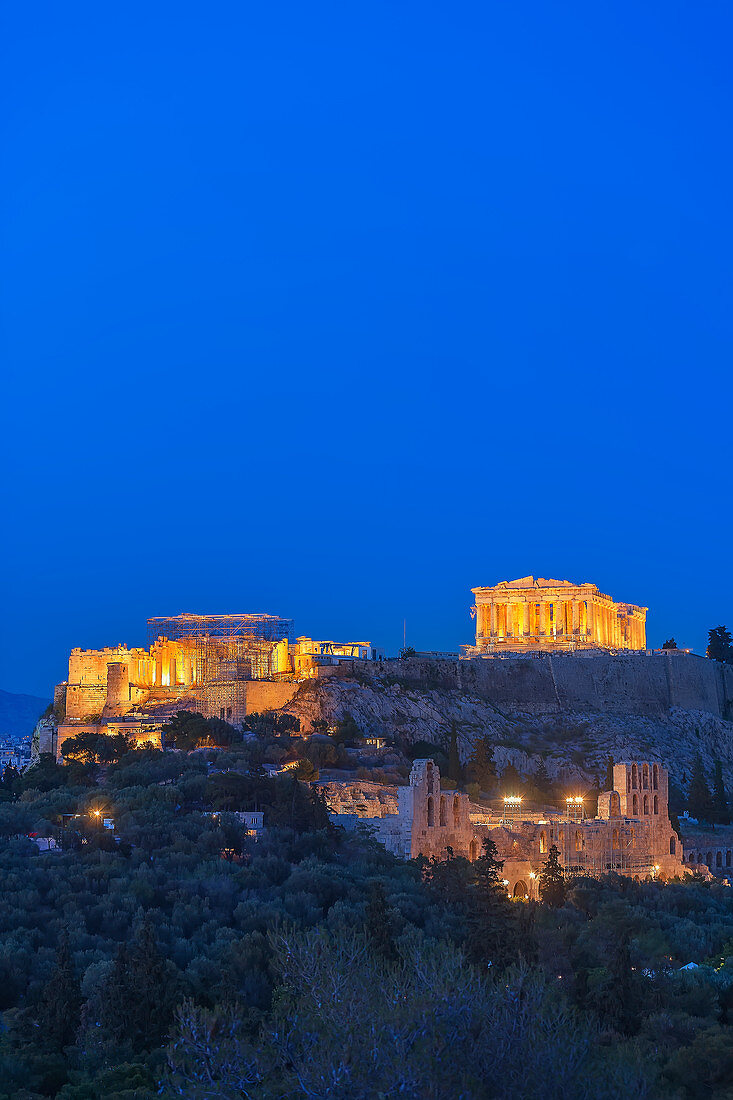 View of the Acropolis by night, Athens, Greece, Europe