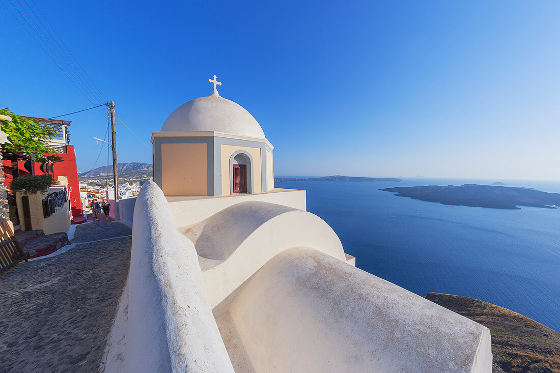 Orthodox church overlooking Santorini caldera, Thira, Santorini, Cyclades Islands, Greece