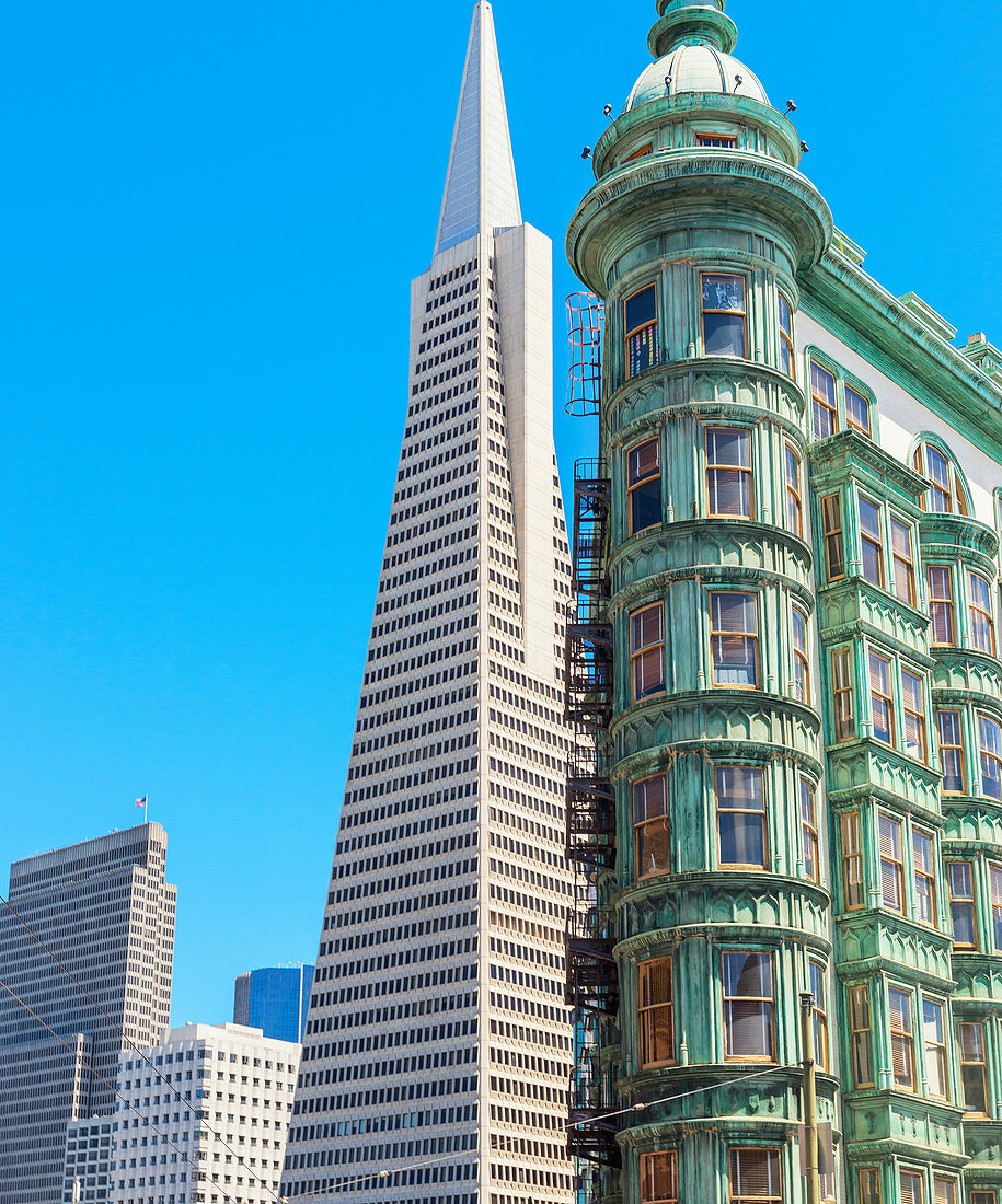 View of Columbus Tower and Transamerica Pyramid, San Francisco; California, USA