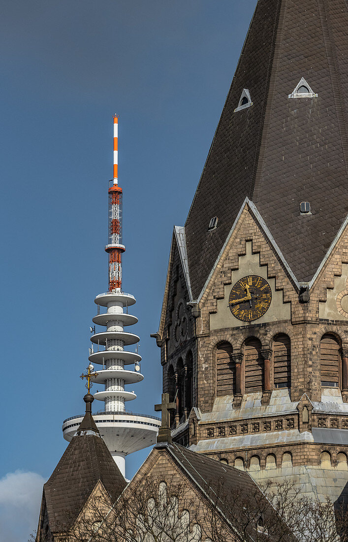 View of the Russian Orthodox Church of Saint John of Kronstadt and the TV tower in Hamburg, Germany