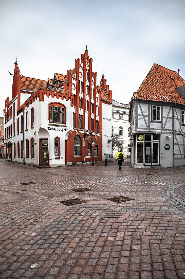 View of the Ratsapotheke in Wismar, Germany