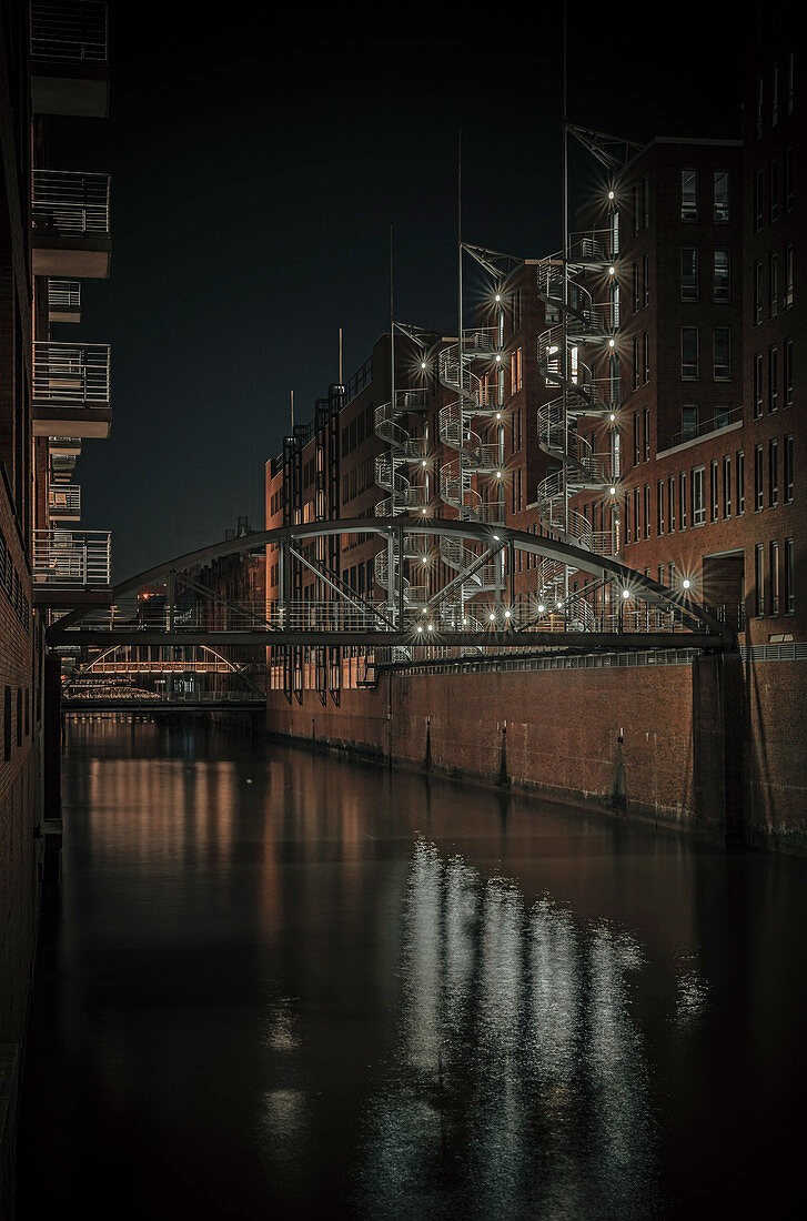 Speicherstadt at night, Hamburg, Germany