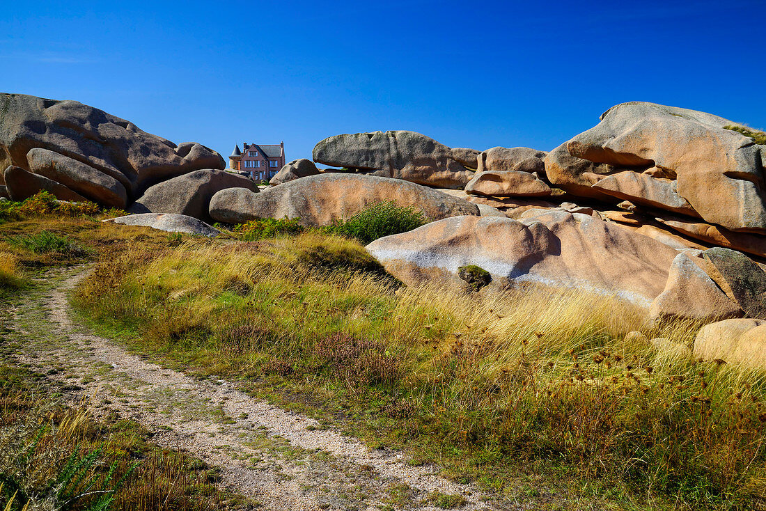 On the Cote de Granit Rose in the foreground, Brittany, France, Europe