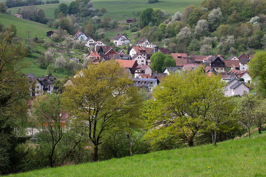 Blick über Ortschaft im Frühling, Habichsthal, nahe Frammersbach, Spessart-Mainland, Franken, Bayern, Deutschland, Europa