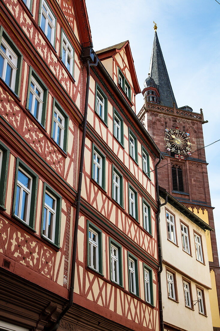 Half-timbered houses in the old town with tower of the collegiate church, Wertheim, Spessart-Mainland, Franconia, Baden-Wuerttemberg, Germany, Europe
