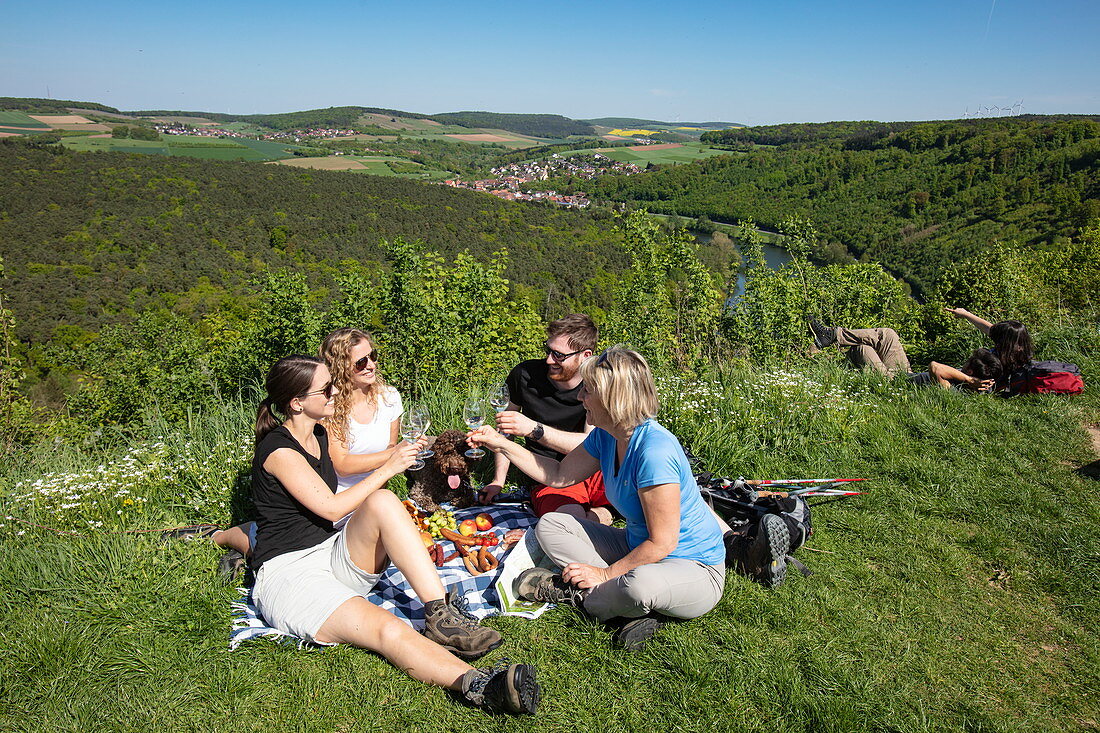 Menschen genießen ein Picknick an einem Hang oberhalb vom Main, Wertheim, Spessart-Mainland, Franken, Baden-Württemberg, Deutschland, Europa