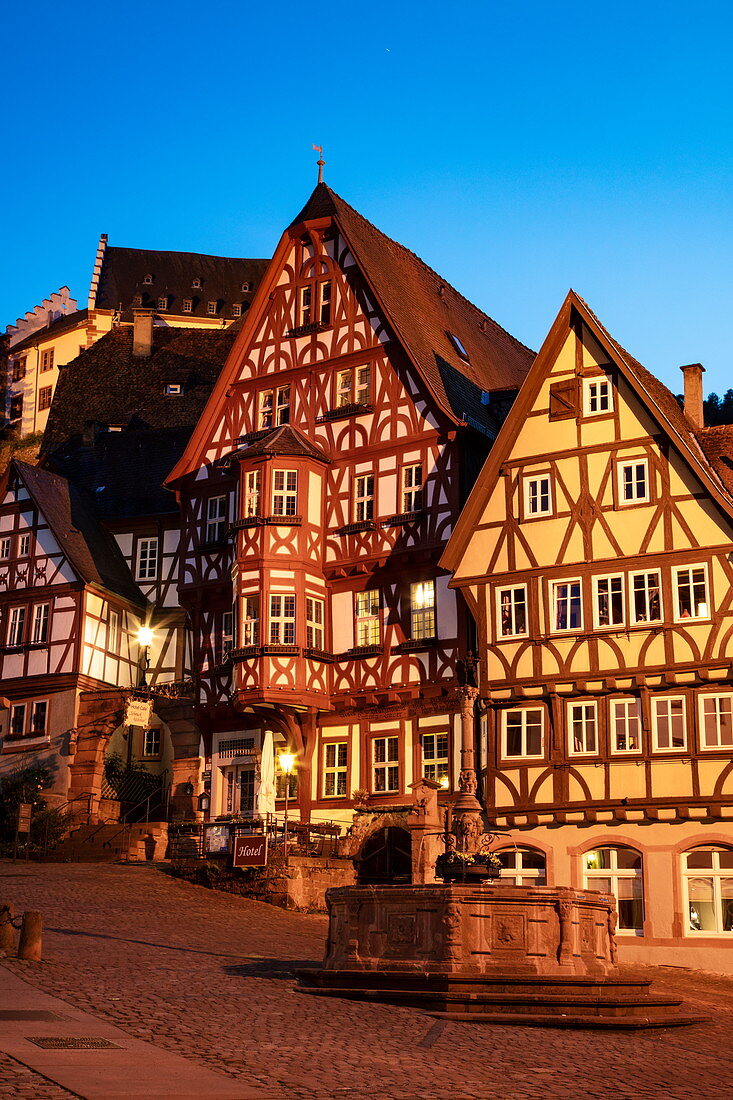Fountain and half-timbered houses at the historic Schnatterloch market square with Mildenburg Castle at dusk, Miltenberg, Spessart-Mainland, Franconia, Bavaria, Germany, Europe