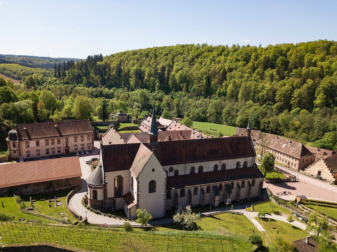 Aerial view of Bronnbach Monastery, Bronnbach, near Wertheim, Spessart-Mainland, Franconia, Baden-Wuerttemberg, Germany, Europe