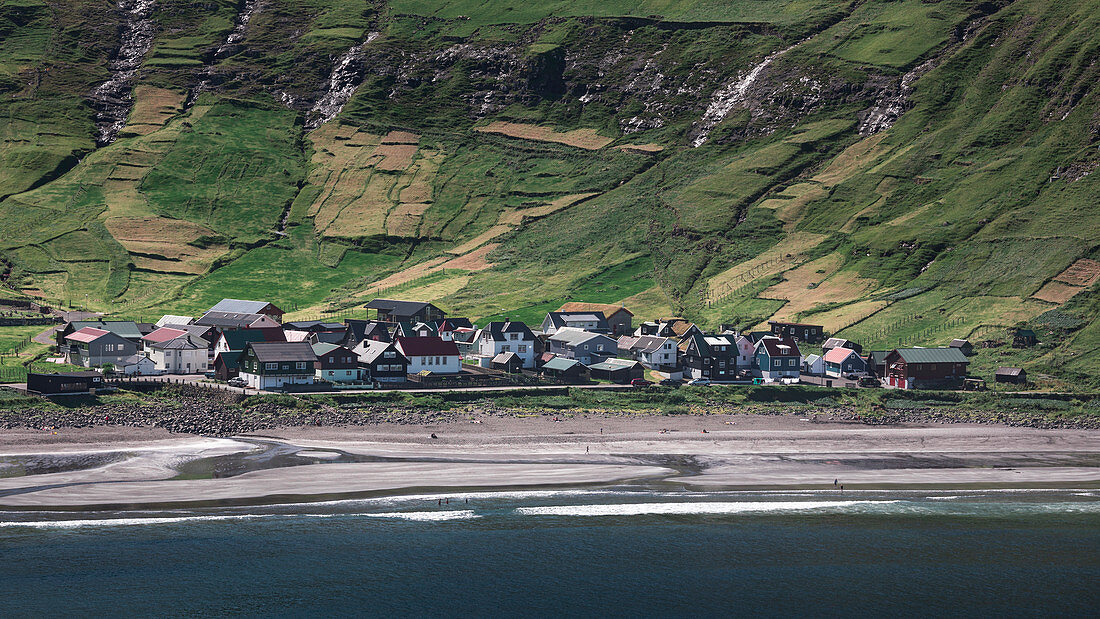 Tjørnuvík village on Streymoy with sandy beach on Faroe Islands by day