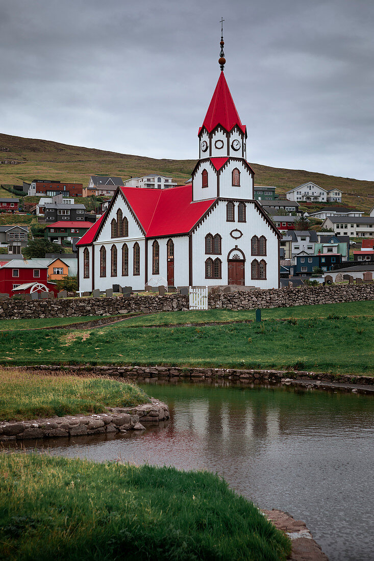 Church in the village of Sandavágur on Vagar Island, Faroe Islands