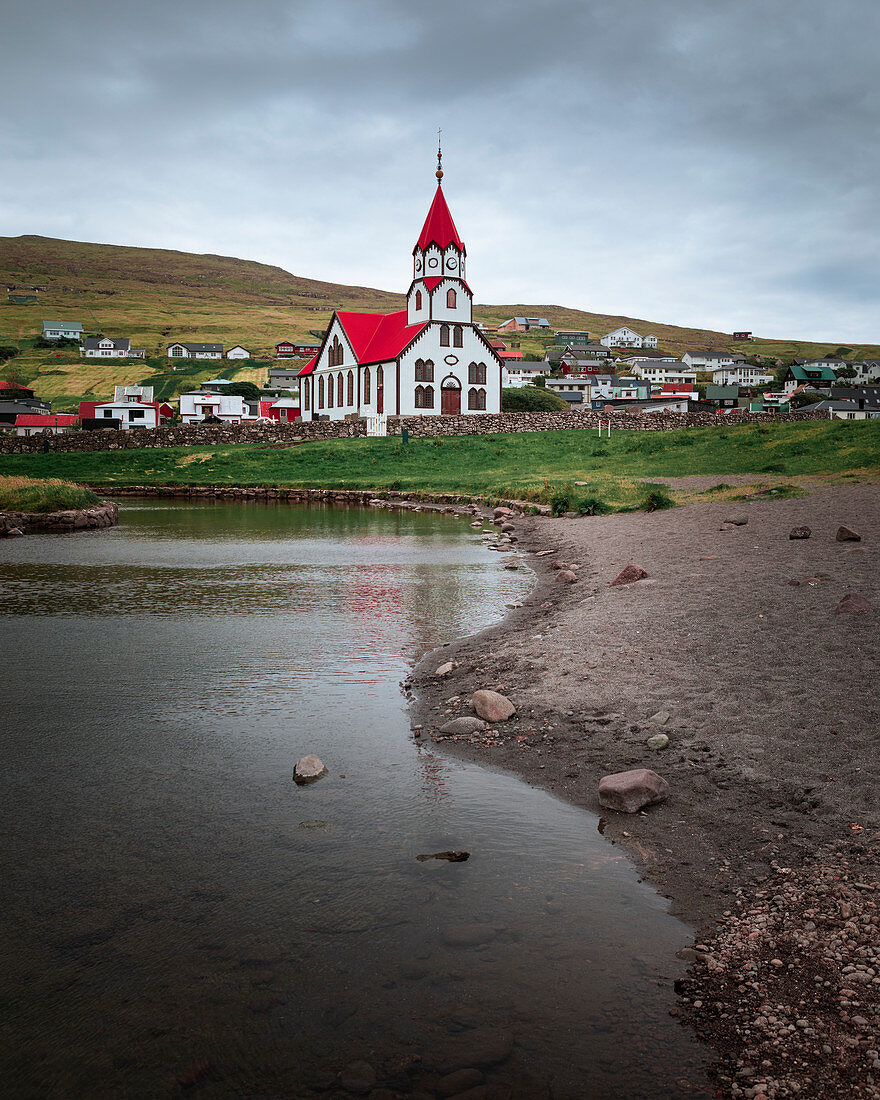 Church in the village of Sandavágur on Vagar Island, Faroe Islands