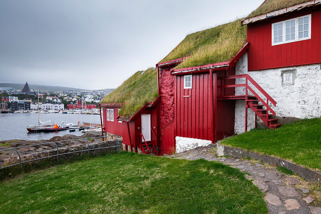 Red buildings in the government district of Tinganes in the capital Torshavn, Faroe Islands