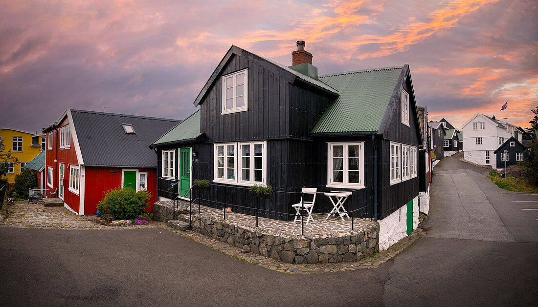 Houses in the old town of Torshavn in sunset, Faroe Islands