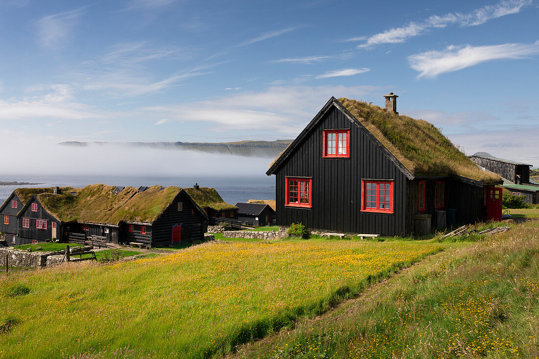 Black houses with red windows and a grass roof in the village of Kirkjubøur on Streymoy in the sun, Faroe Islands
